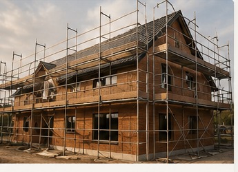 Eingerüstetes Wohnhaus auf der Baustelle