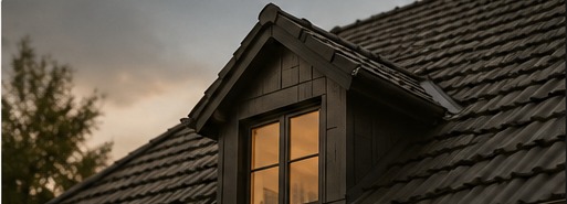 Dachgaube mit beleuchtetem Fenster in der Abenddämmerung